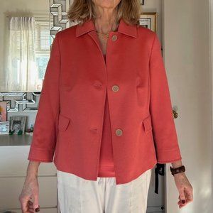 AKRIS CASHMERE-SILK COLLARED JACKET & MATCHING SQUARE NECK SHIRT in a RICH CORAL